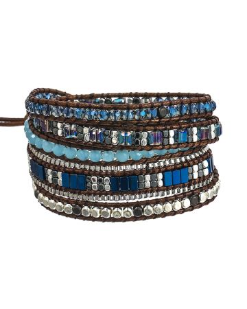 Handmade Crystal & Hematite Blue Wrap Bracelet – 5 Layer Vegan Cord Healing Jewelry