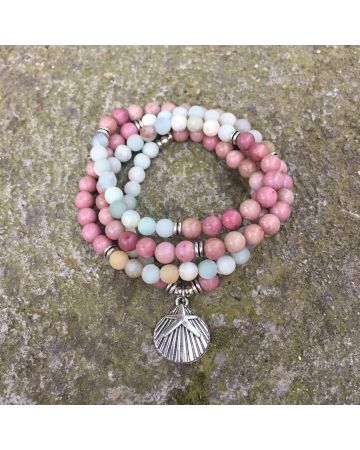 108 Matte Amazonite & Rhodonite Mala Beads – Handmade Meditation Necklace/Bracelet with Seashell Charm