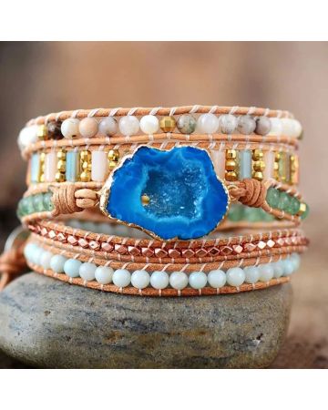 Handmade Jasper, Aventurine & Amazonite Druzy Leather Wrap Bracelet – 32.5" Adjustable