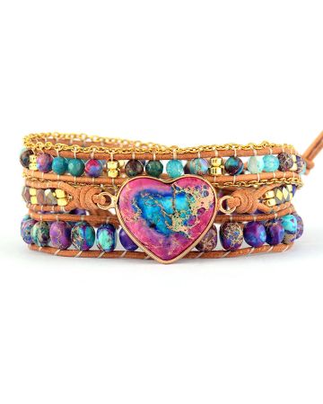 Handmade Purple & Turquoise Jasper Heart Wrap Bracelet – Genuine Leather, Adjustable