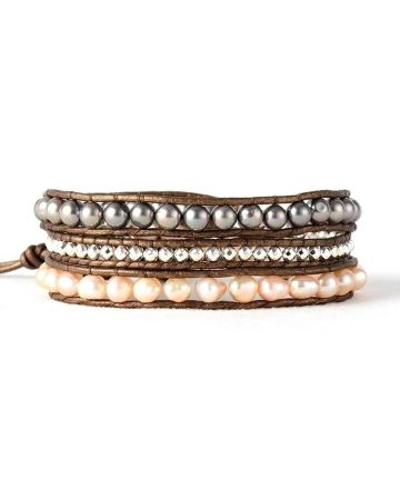 Handmade Two-tone Freshwater Pearl Wrap Bracelet – Gray & Pink Pearls on Leather