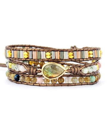 Natural Labradorite Teardrop Bronze Wrap Bracelet – Handmade Gemstone Jewelry