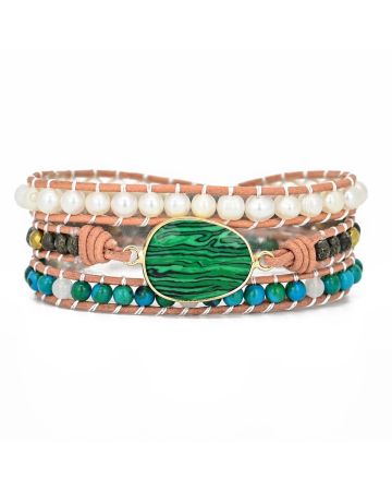 Handmade Malachite Chrysocolla & Pearl Wrap Bracelet – Natural Gemstone Jewelry