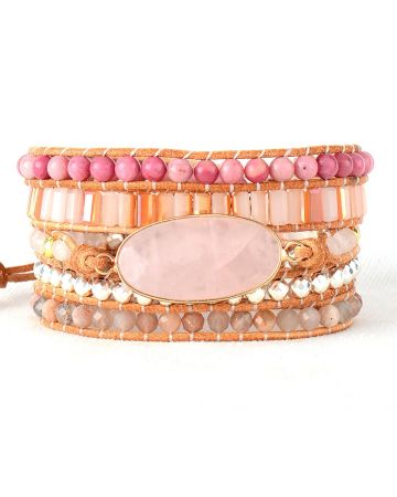 Natural Rose Quartz, Rhodonite & Sunstone Leather Wrap Bracelet – Handmade Chakra Jewelry
