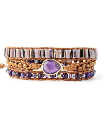 Natural Amethyst Beaded Wrap Bracelet - 3 Layer Healing Crystal Jewelry