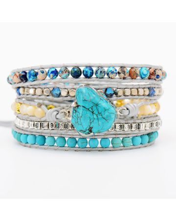 Turquoise Heart & Imperial Jasper 5-Wrap Beaded Bracelet - Handmade
