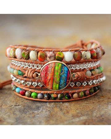 Vibrant Rainbow Imperial Jasper 5x Wrap Bracelet - Handmade Leather Jewelry