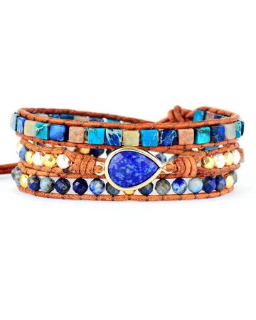 Natural Lapis Lazuli & Imperial Jasper 3-Wrap Bracelet - Handmade Leather Jewelry