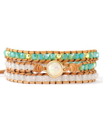 Handmade White Opal & Mint Crystal 3-Layer Wrap Bracelet - Genuine Leather