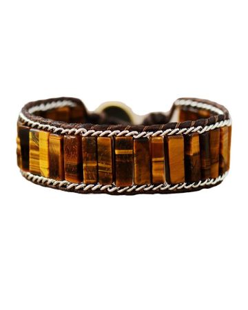 Natural Tiger Eye Stone Leather Wrap Bracelet - Handmade Rectangular Bead Cuff