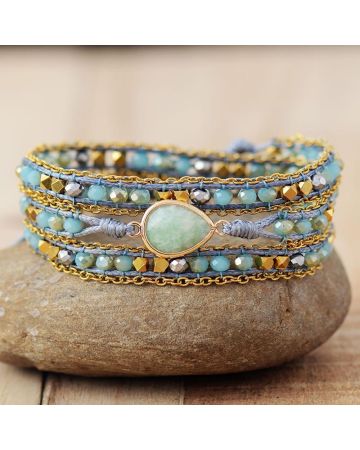 Natural Amazonite Teardrop 3-Wrap Bracelet - Handmade Crystal Beaded Jewelry