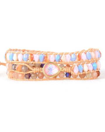 Handmade Pastel Crystal & Pink Opal 3-Wrap Bracelet - Bohemian Woven Jewelry