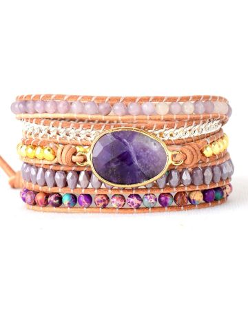 Natural Amethyst 5-Wrap Bracelet - Handmade Layered Leather Cuff with Imperial Jasper