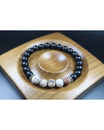 Strength Matte Black Onyx and Rare Wooden Opal Bracelet - Man Jewelry - Stretch Bracelet - Men Bead Bracelet - Heal Bracelet - 8mm beads