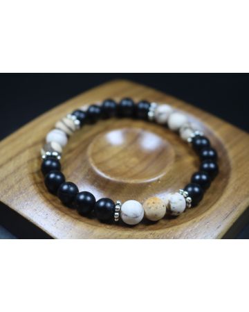 Matte Black Onyx and Rare Wooden Opal Bracelet - Bracelet - Men Jewelry - Stretch Bracelet - Men Bead Bracelet - Heal Bracelet - 8mm beads