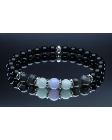 Onyx, Larvikite, Garnierite & Blue Lace Agate Bracelet (6mm Beads)/Deflects Negative Thinking, Anxiety, Strength, Protection, Spiritual