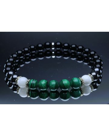Malachite, Moonstone, Hematite & Black Tourmaline Bracelet (6mm Beads)/Powerful Protection, Emotional Balance, Heart Chakra, Well-Being