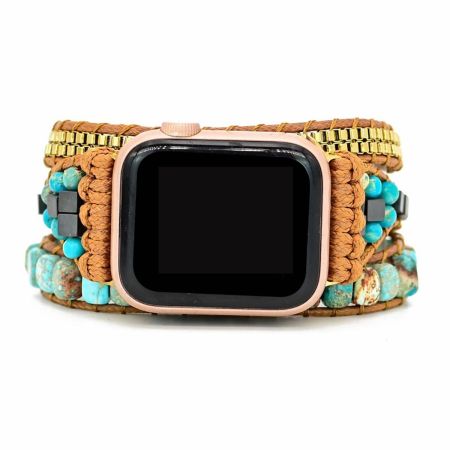 Handmade Watch Band: Bohemian Jasper Turquoise Calming Energy Smartwatch Bands Compatible with Apple Watch