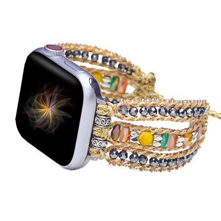 Natural Stone Crystals Woven Removable Adjustable Watch Band _Handmade 3-Layer Boho Smart Watch Strap Bracelet 
