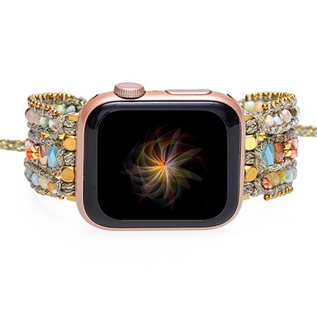 Handmade Boho Gemstone Apple Watch Straps – Rose Quartz, Shoushan Stone & Emperor Stone Wrap Bands for Series 4–9, SE (38–45mm)