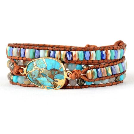 Natural Turquoise & Jasper Wrap Bracelet – Handmade Leather Healing Gemstone Jewelry