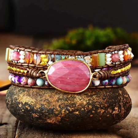 Natural Rhodonite & Jasper Wrap Bracelet