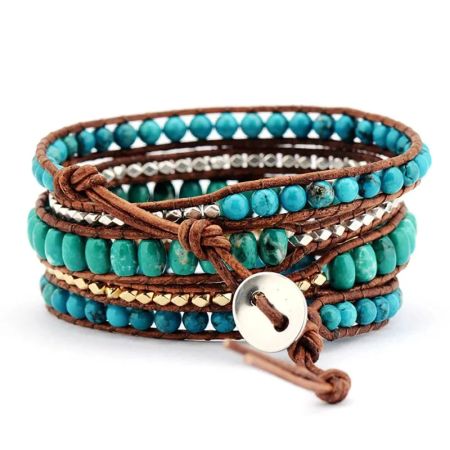 Turquoise 5-Layer Leather Wrap Gemstone Bracelet