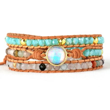 Clear Quartz, Agate & Opal Rhinestone Leather Wrap Bracelet