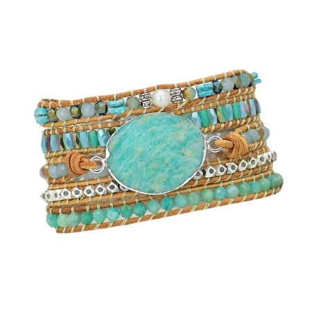 Amazonite 5-Layer Leather Wrap Gemstone Bracelet