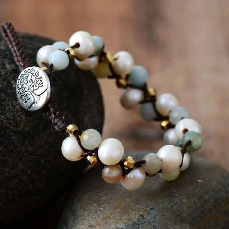 Freshwater Pearl & Amazonite Tree of Life Bracelet