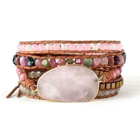 Rose Quartz, Rhodonite & Pink Tourmaline 5-Layer Wrap Bracelet