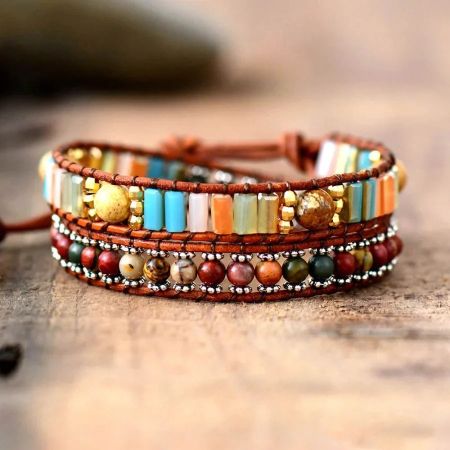 Jasper & Crystal Boho Leather Wrap Bracelet