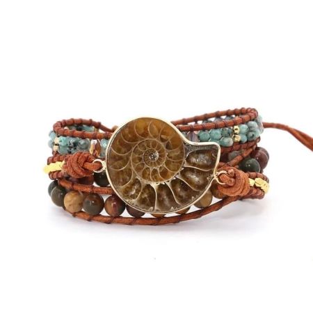 African Turquoise, Jasper & Ammonite Leather Wrap Bracelet