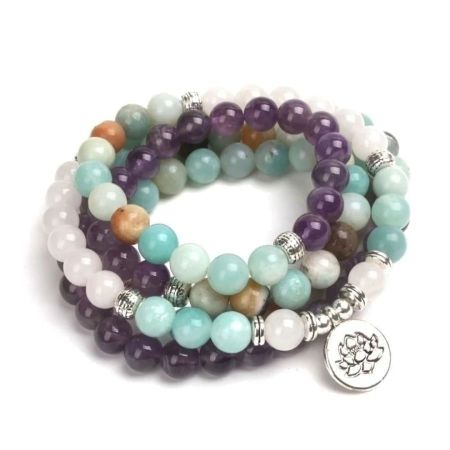 108 Bead Mala Bracelet – Amazonite, Rose Quartz & Amethyst