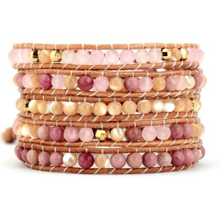 Natural Rose Quartz, Yellow Onyx & Rhodonite Leather Wrap Bracelet – 5 Layer Adjustable