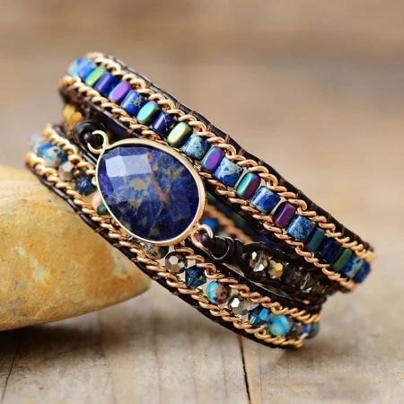 Natural Blue Sodalite & Jasper Wrap Bracelet – Handmade Leather Healing Jewelry