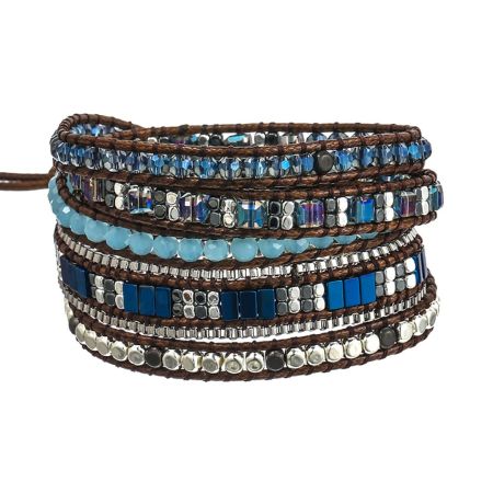 Handmade Crystal & Hematite Blue Wrap Bracelet – 5 Layer Vegan Cord Healing Jewelry