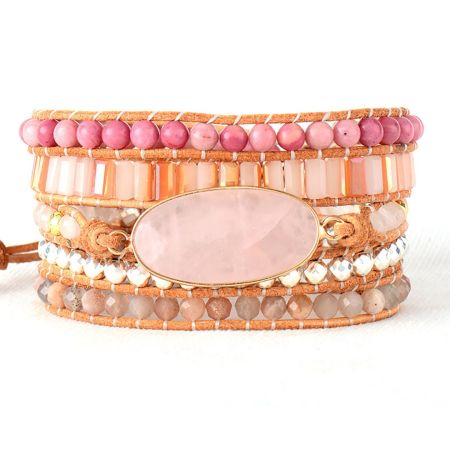 Natural Rose Quartz, Rhodonite & Sunstone Leather Wrap Bracelet – Handmade Chakra Jewelry