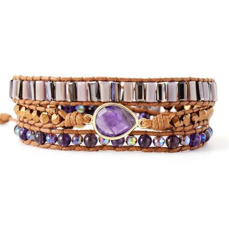 Natural Amethyst Beaded Wrap Bracelet - 3 Layer Healing Crystal Jewelry