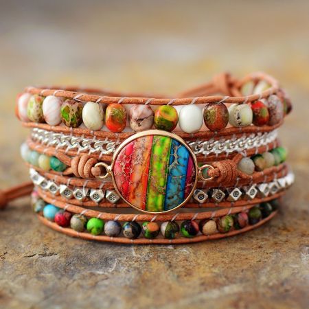 Vibrant Rainbow Imperial Jasper 5x Wrap Bracelet - Handmade Leather Jewelry