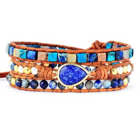Primary Choice: Natural Lapis Lazuli & Imperial Jasper 3-Wrap Bracelet - Handmade Leather Jewelry
