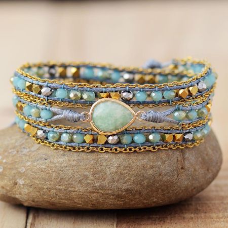 Primary Choice: Natural Amazonite Teardrop 3-Wrap Bracelet - Handmade Crystal Beaded Jewelry