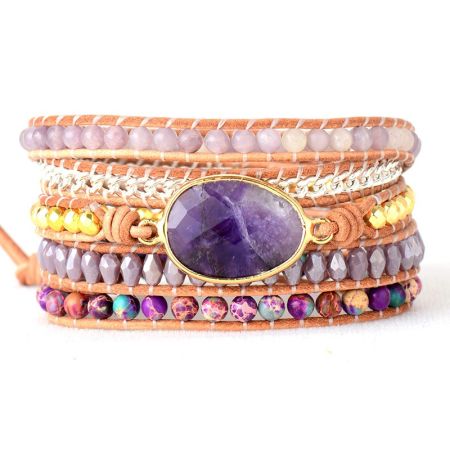 Primary Choice: Natural Amethyst 5-Wrap Bracelet - Handmade Layered Leather Cuff with Imperial Jasper