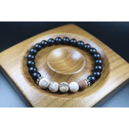Strength Matte Black Onyx and Rare Wooden Opal Bracelet - Man Jewelry - Stretch Bracelet - Men Bead Bracelet - Heal Bracelet - 8mm beads