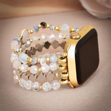 White Crystal Glow Beaded Apple Watch Band with Clover Charms