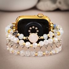 White Crystal Glow Beaded Apple Watch Band with Clover Charms
