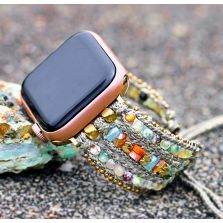 Handmade Boho Gemstone Apple Watch Straps – Rose Quartz, Shoushan Stone &amp; Emperor Stone Wrap Bands for Series 4–9, SE (38–45mm)