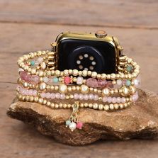 Gold Bead Rose Quartz Clover Stone Watch Band