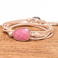 Waxed Cord Wrap Bracelet with Rhodonite Charm — Gentle Love, Pastel Boho Style