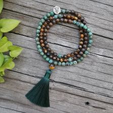 108 Natural Tiger Eye, Bronzite &amp; African Turquoise Mala Beads